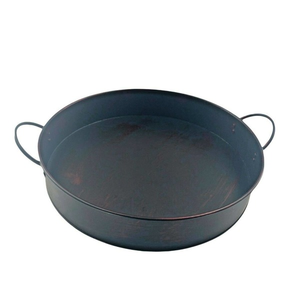 Retro Round Large Storage Basket Serving Tray Galvanized Metal With Handles 16" - Picture 2 of 12